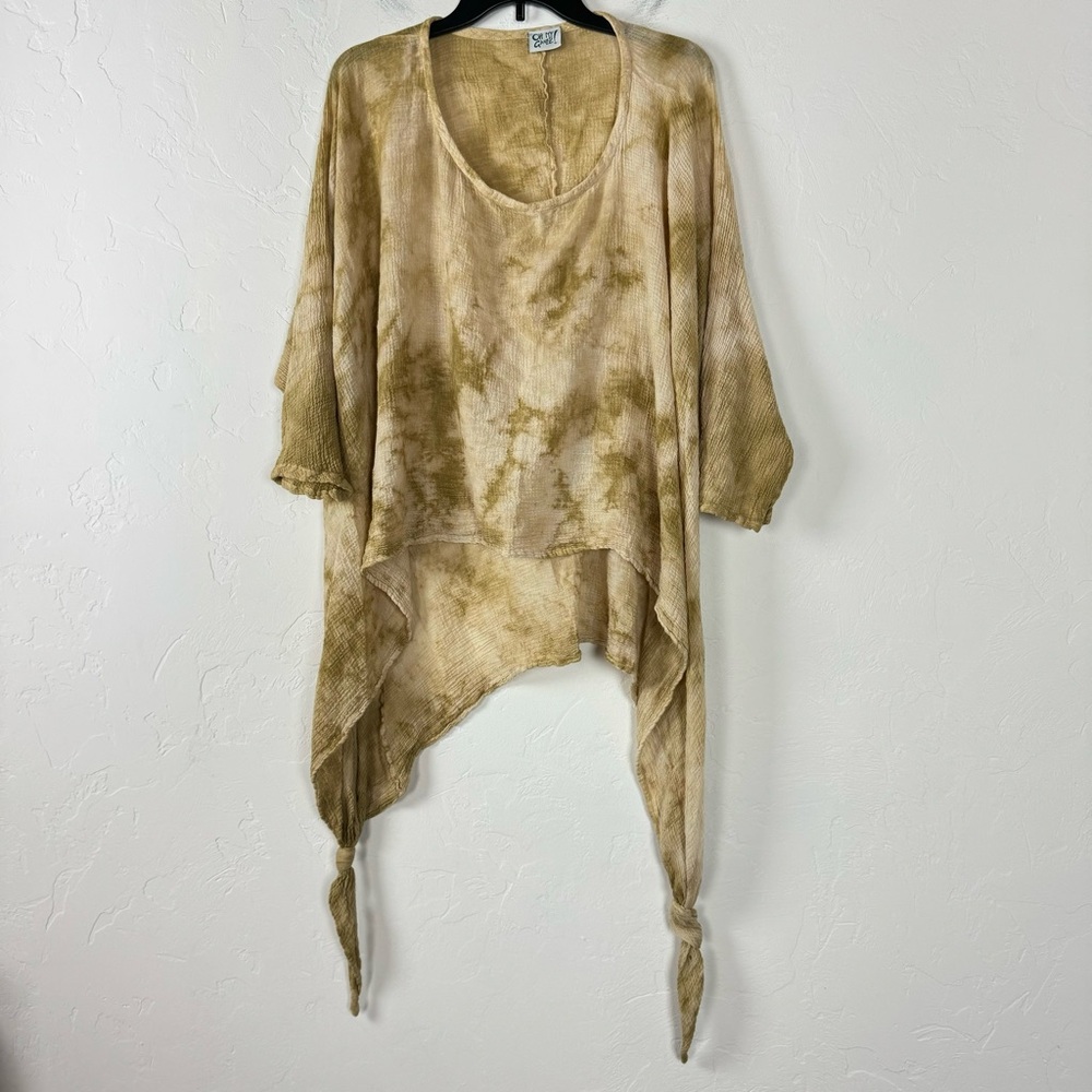 Oh My Gauze Tunic Top Blouse Popover Knit Shirt Tie Dye Splatter Tan Gold Cotton